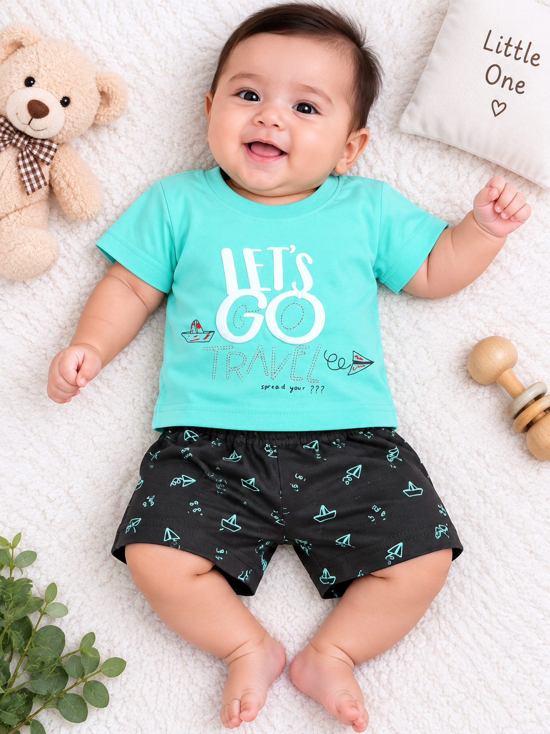 Toddler Boy's Mint green"Let's Go Travel" T-Shirt and Printed Short Set