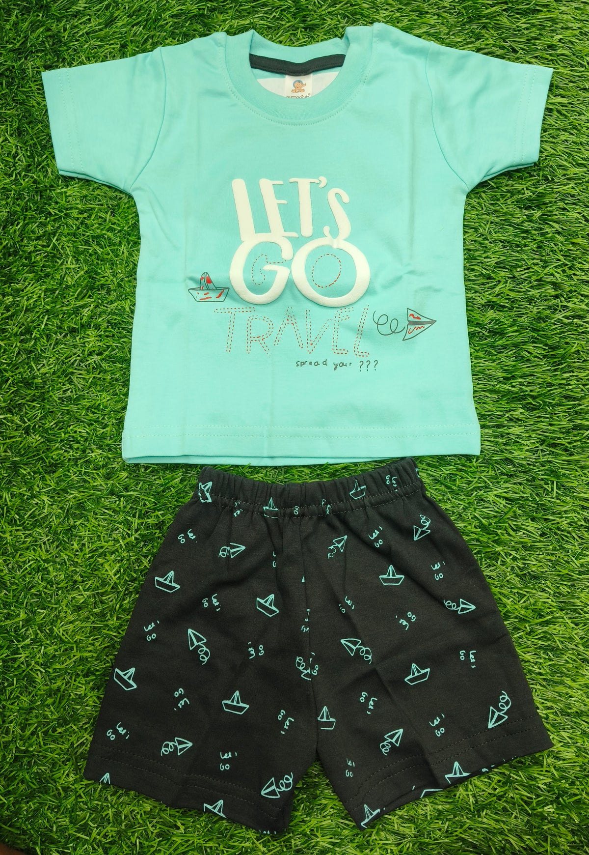 Toddler Boy's Mint green"Let's Go Travel" T-Shirt and Printed Short Set