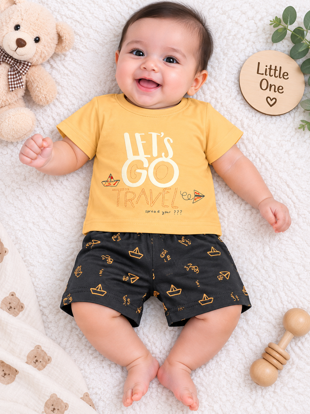 Toddler Boy's " Peach Let's Go Travel" T-Shirt and Printed Short Set