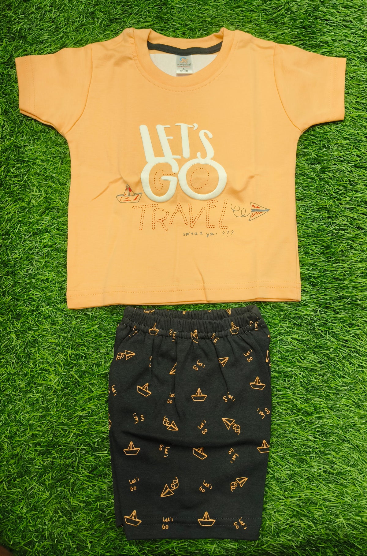 Toddler Boy's " Peach Let's Go Travel" T-Shirt and Printed Short Set