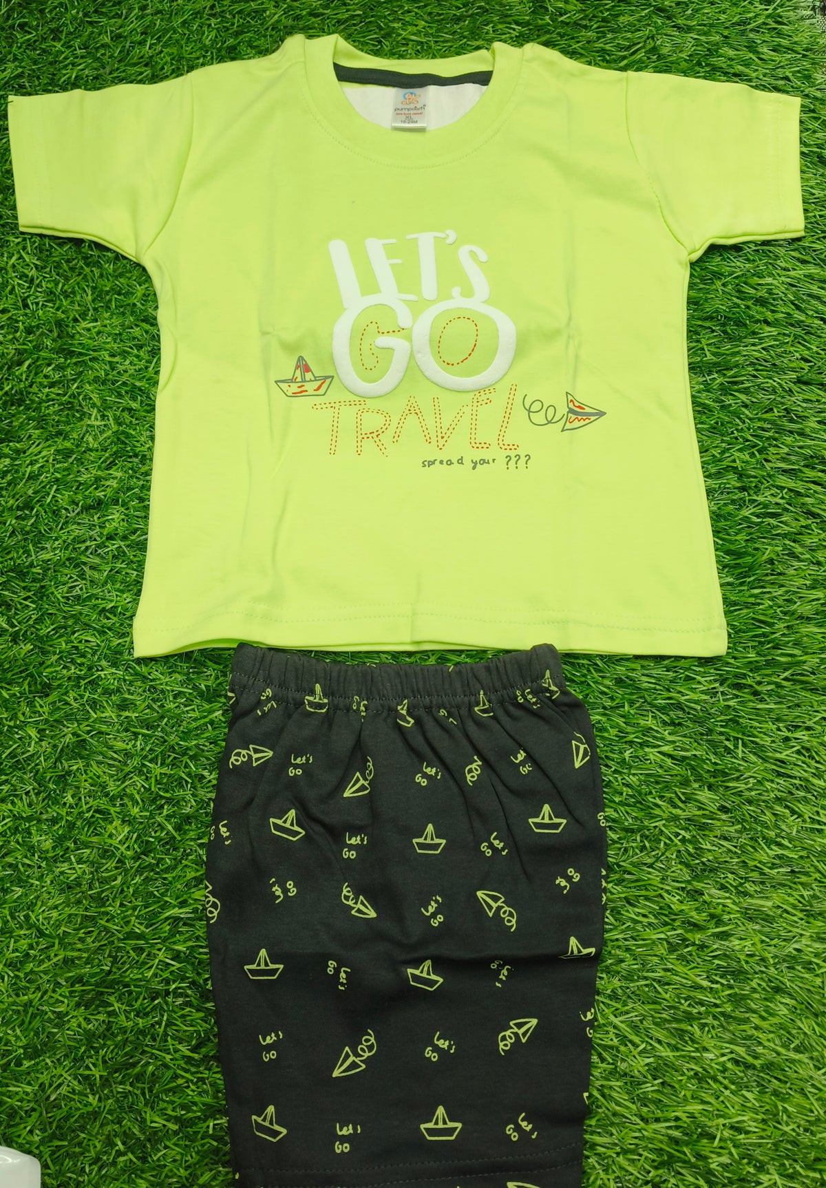 Toddler Boy's Neon Green "Let's Go Travel" T-Shirt and Printed Short Set