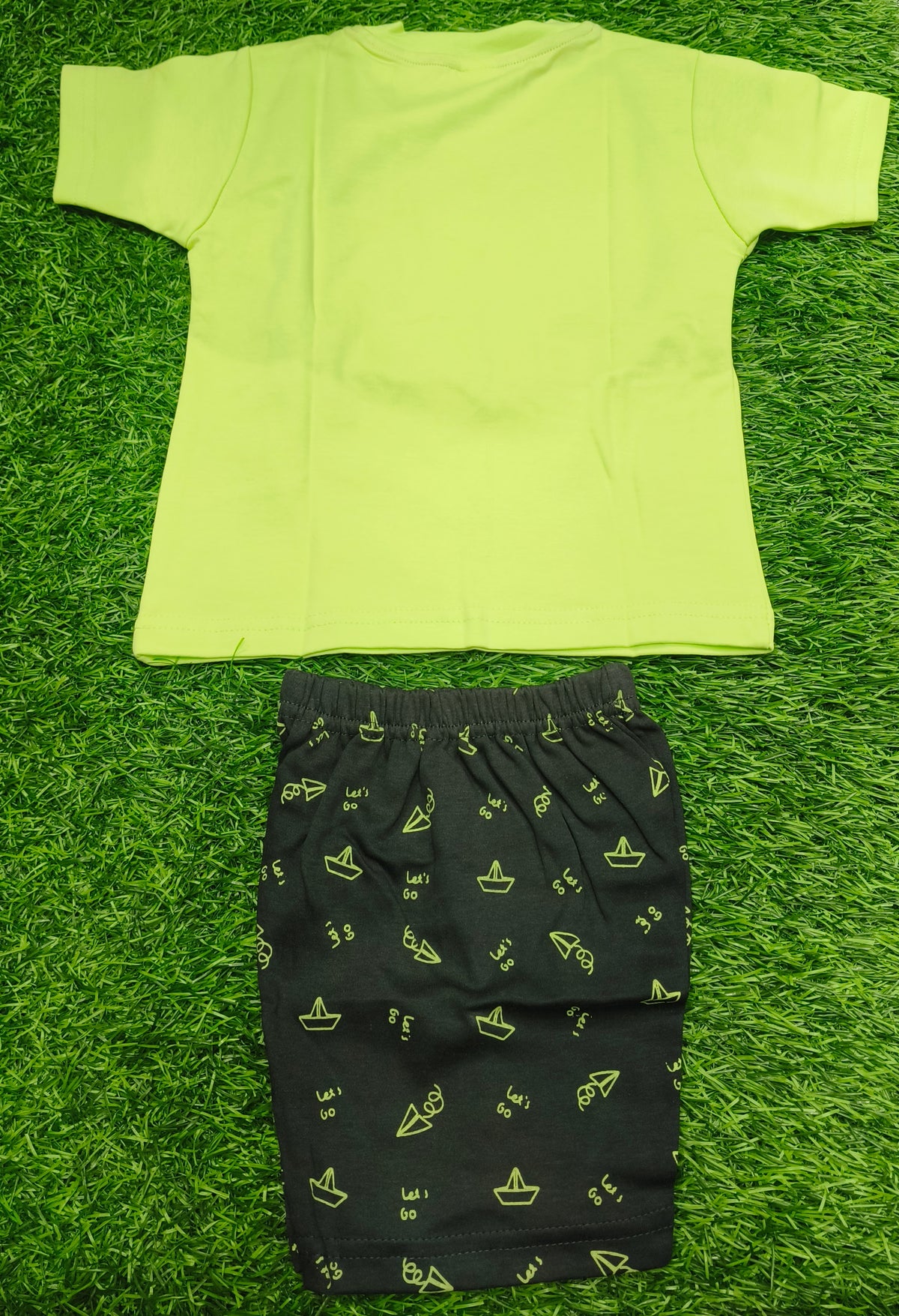 Toddler Boy's Neon Green "Let's Go Travel" T-Shirt and Printed Short Set