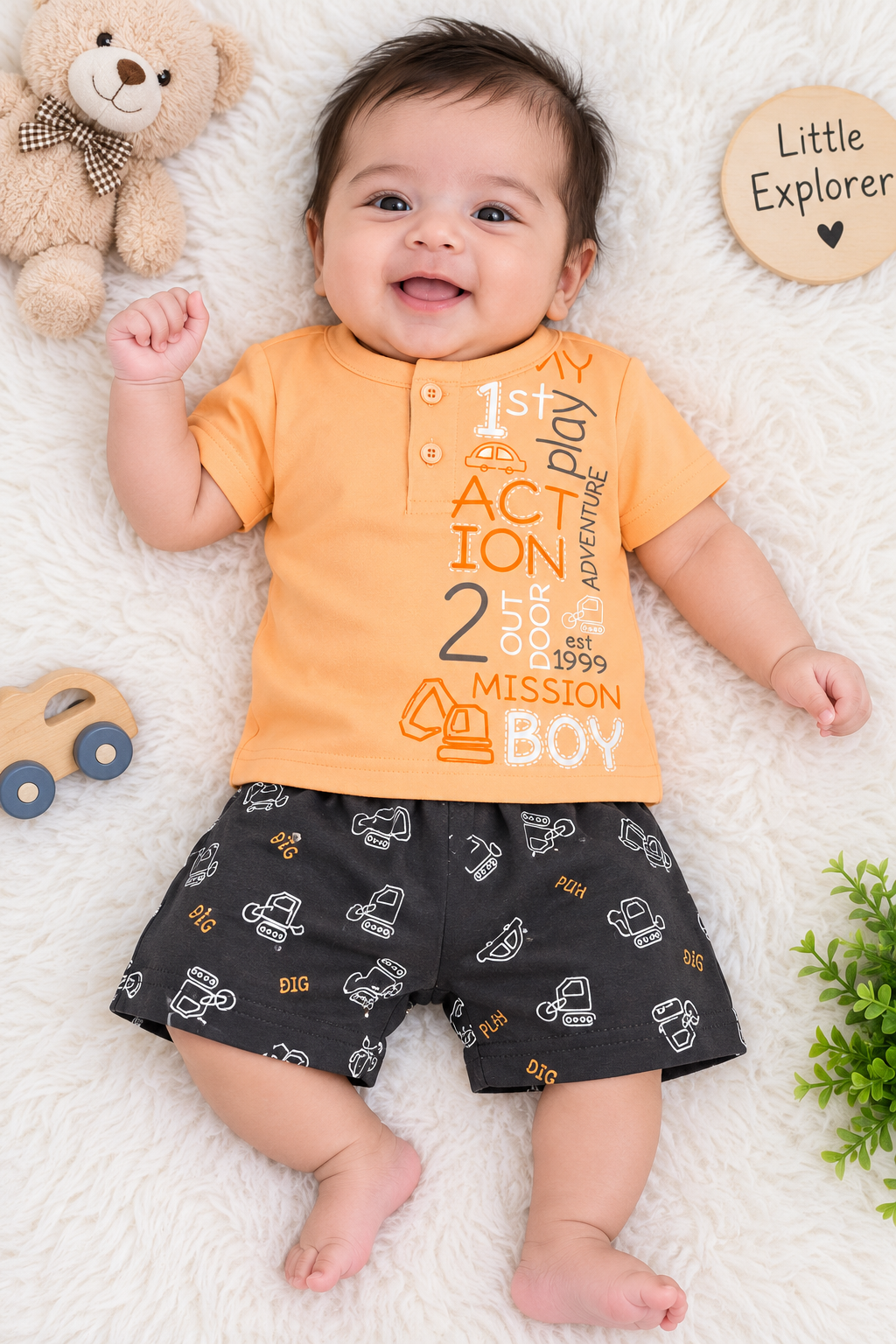 Toddler Boy's Peach Orange "ACTION BOY" T-Shirt and Printed Short Set