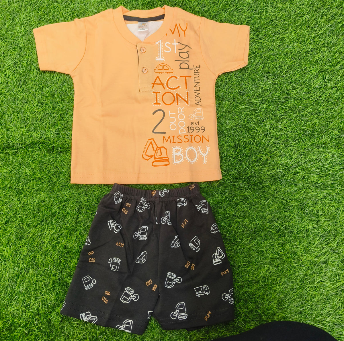 Toddler Boy's Peach Orange "ACTION BOY" T-Shirt and Printed Short Set