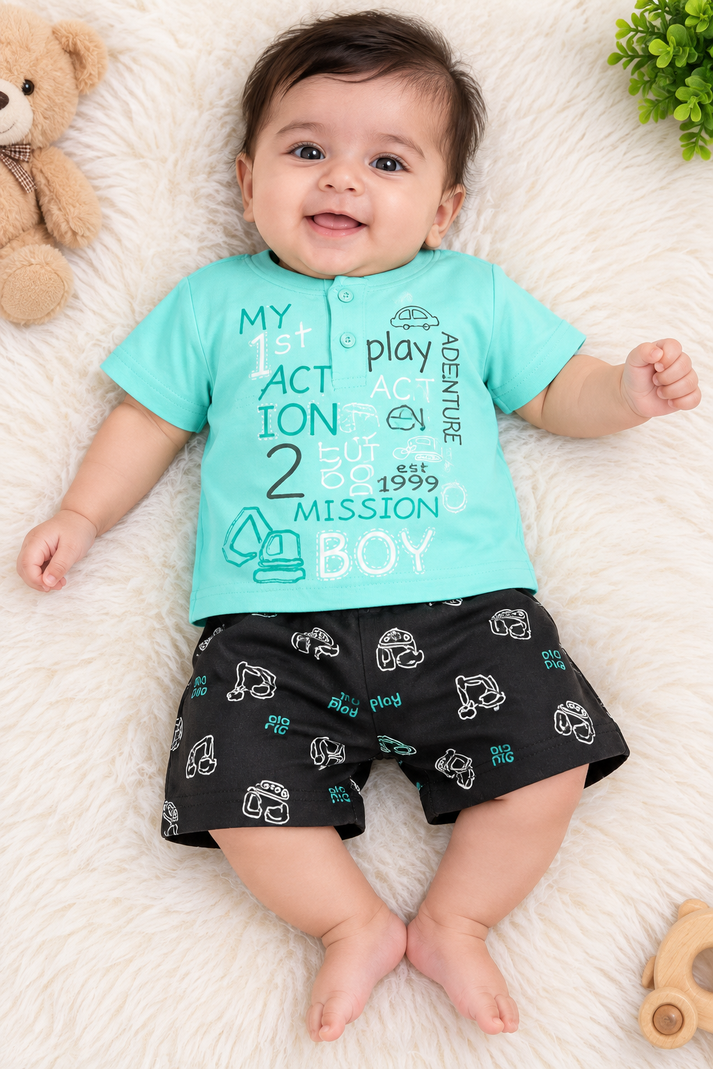 Toddler Boy's Mint Green Toddler Boy's "ACTION BOY" T-Shirt and Printed Short