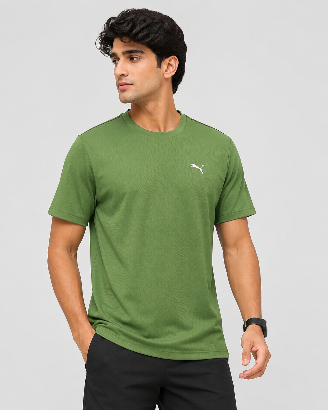 PUMA Men’s Olive Green Textured Sportswear Round Neck T-Shirt