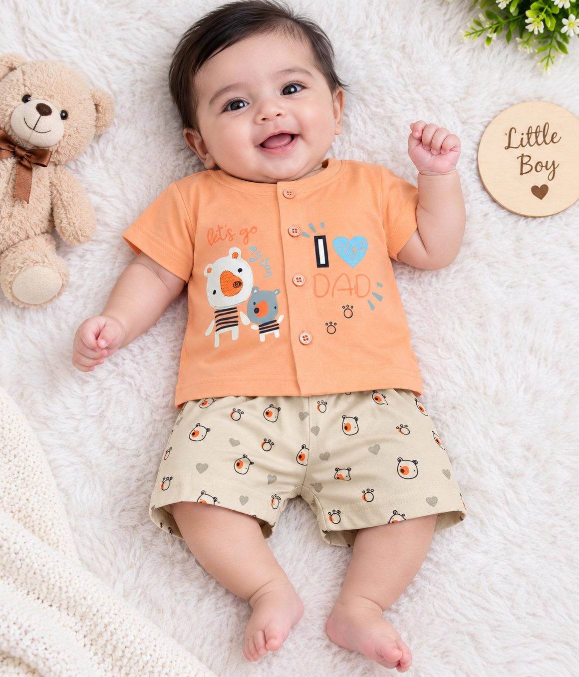 Toddler Boy's Peach Orange Graphic T-Shirt and Printed Short Set