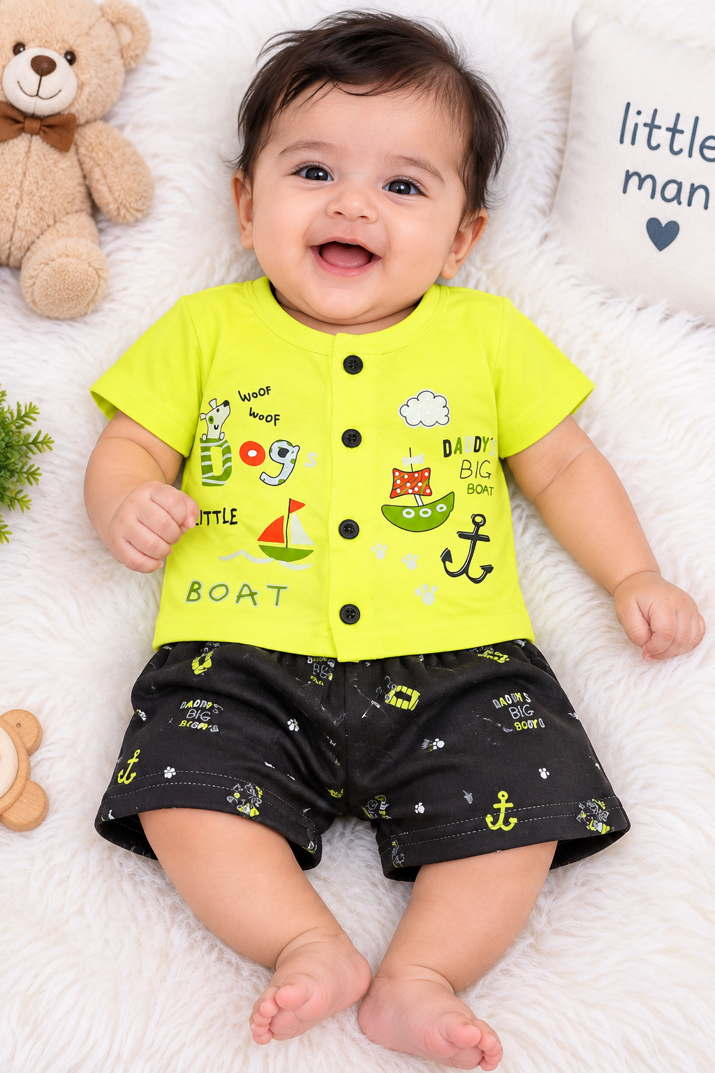Toddler Boy's " Neon Green LITTLE BOAT" T-Shirt and Printed Short Set
