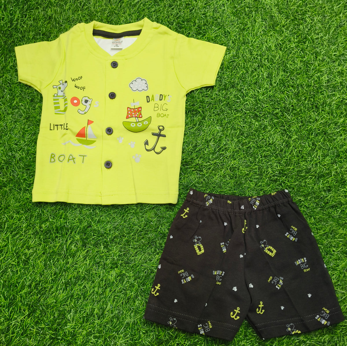 Toddler Boy's " Neon Green LITTLE BOAT" T-Shirt and Printed Short Set