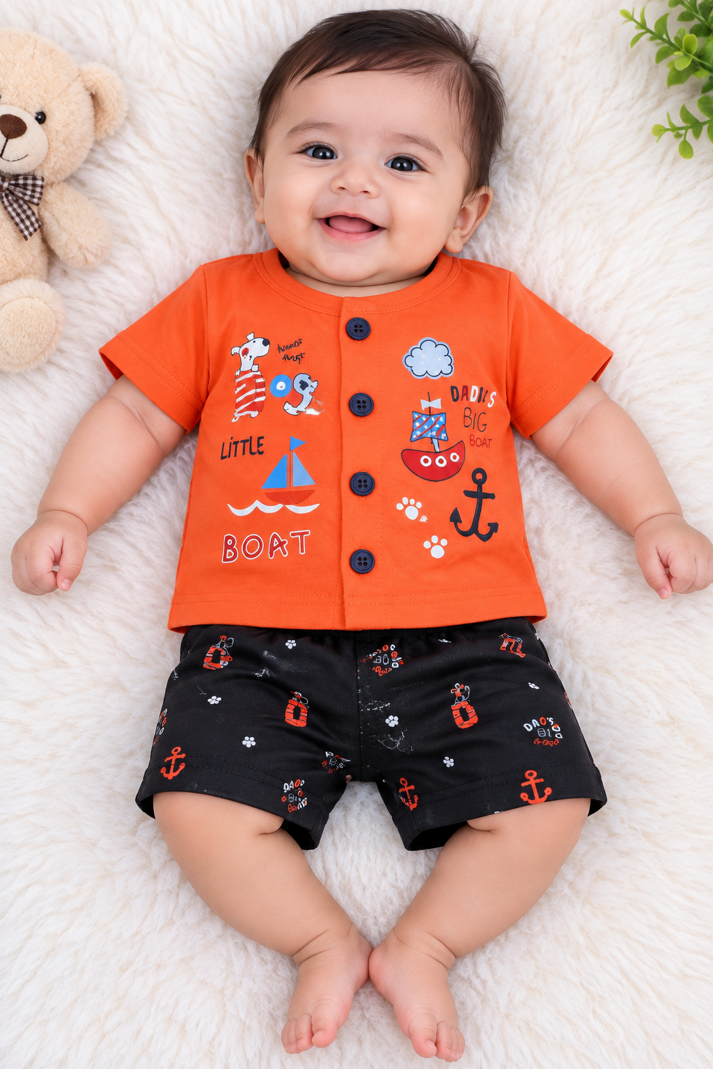 Toddler Boy's Rani Pink  "LITTLE BOAT" T-Shirt and Printed Short Set
