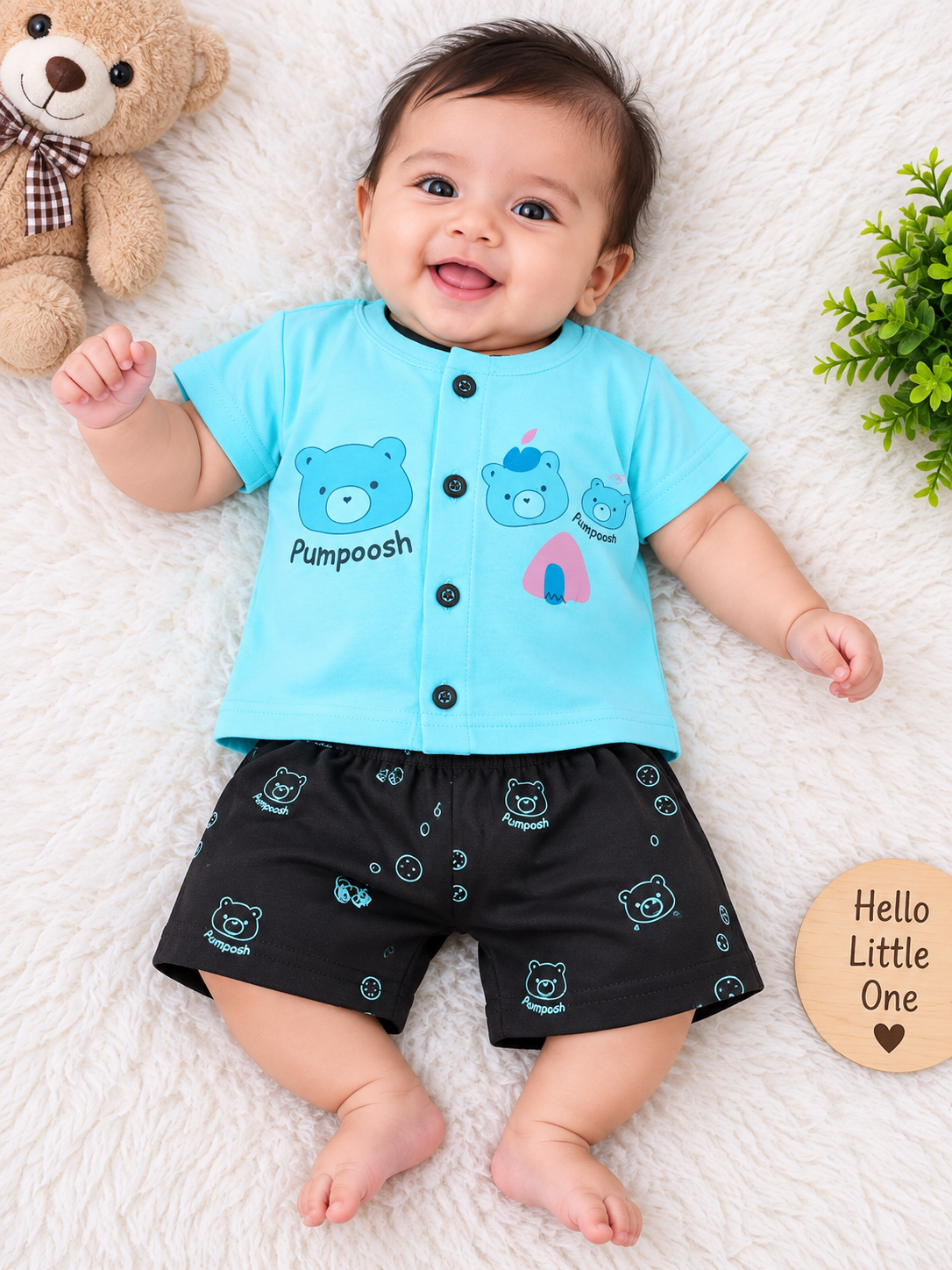 Toddler Boy's Sky Blue "Pumpoosh" Bear Graphic T-Shirt and Printed Short Set