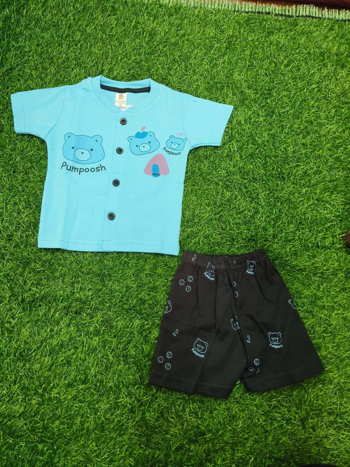 Toddler Boy's Sky Blue "Pumpoosh" Bear Graphic T-Shirt and Printed Short Set