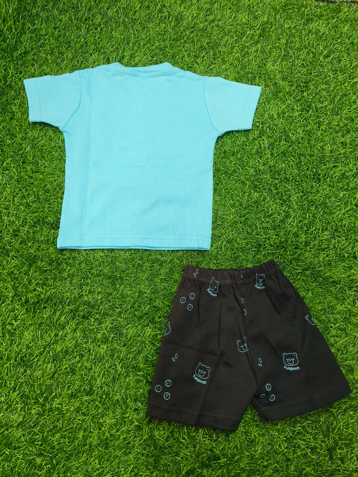 Toddler Boy's Sky Blue "Pumpoosh" Bear Graphic T-Shirt and Printed Short Set