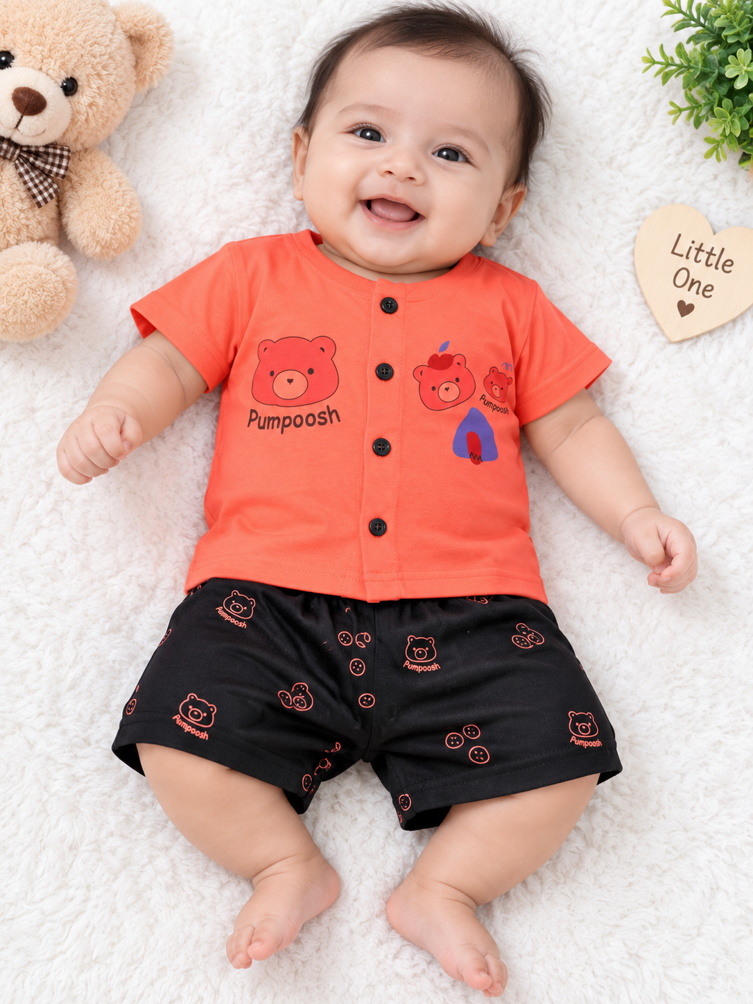 Toddler Boy's Rani Pink "Pumpoosh" Bear Graphic T-Shirt and Printed Short Set
