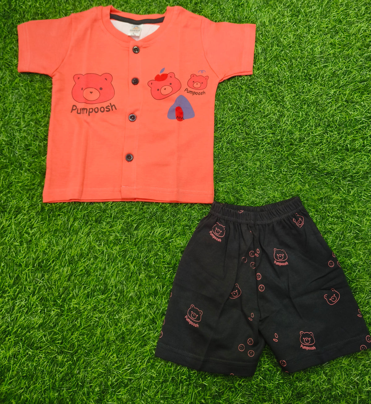 Toddler Boy's Rani Pink "Pumpoosh" Bear Graphic T-Shirt and Printed Short Set