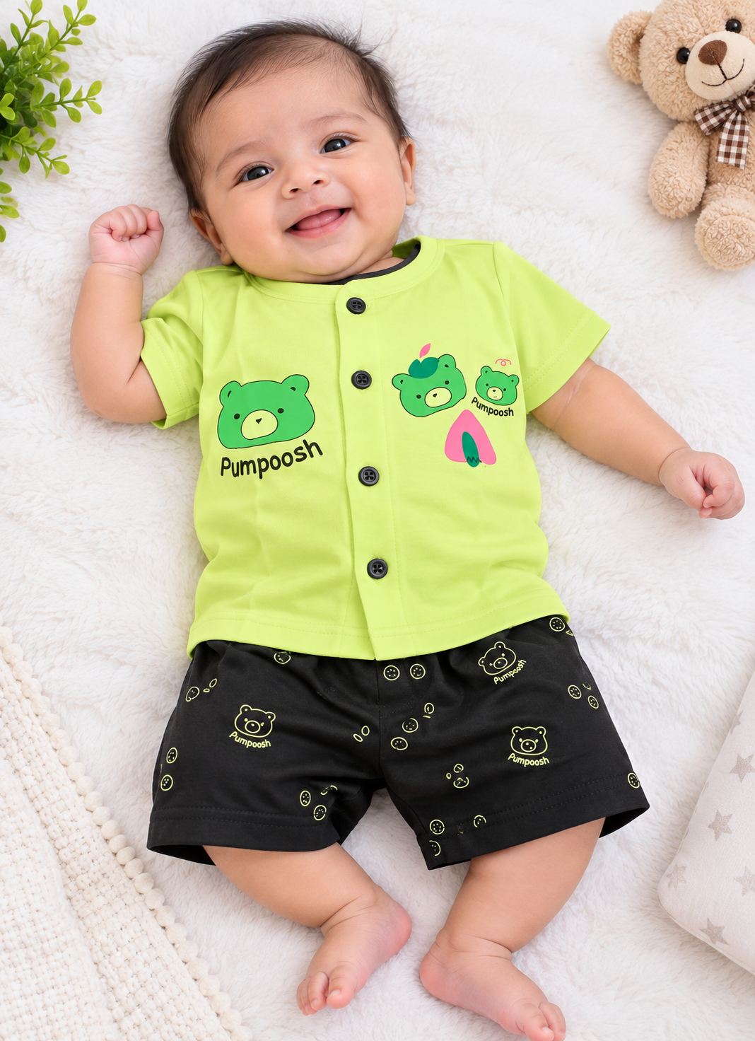 Toddler Boy's Neon Green"Pumpoosh" Bear Graphic T-Shirt and Printed Short Set