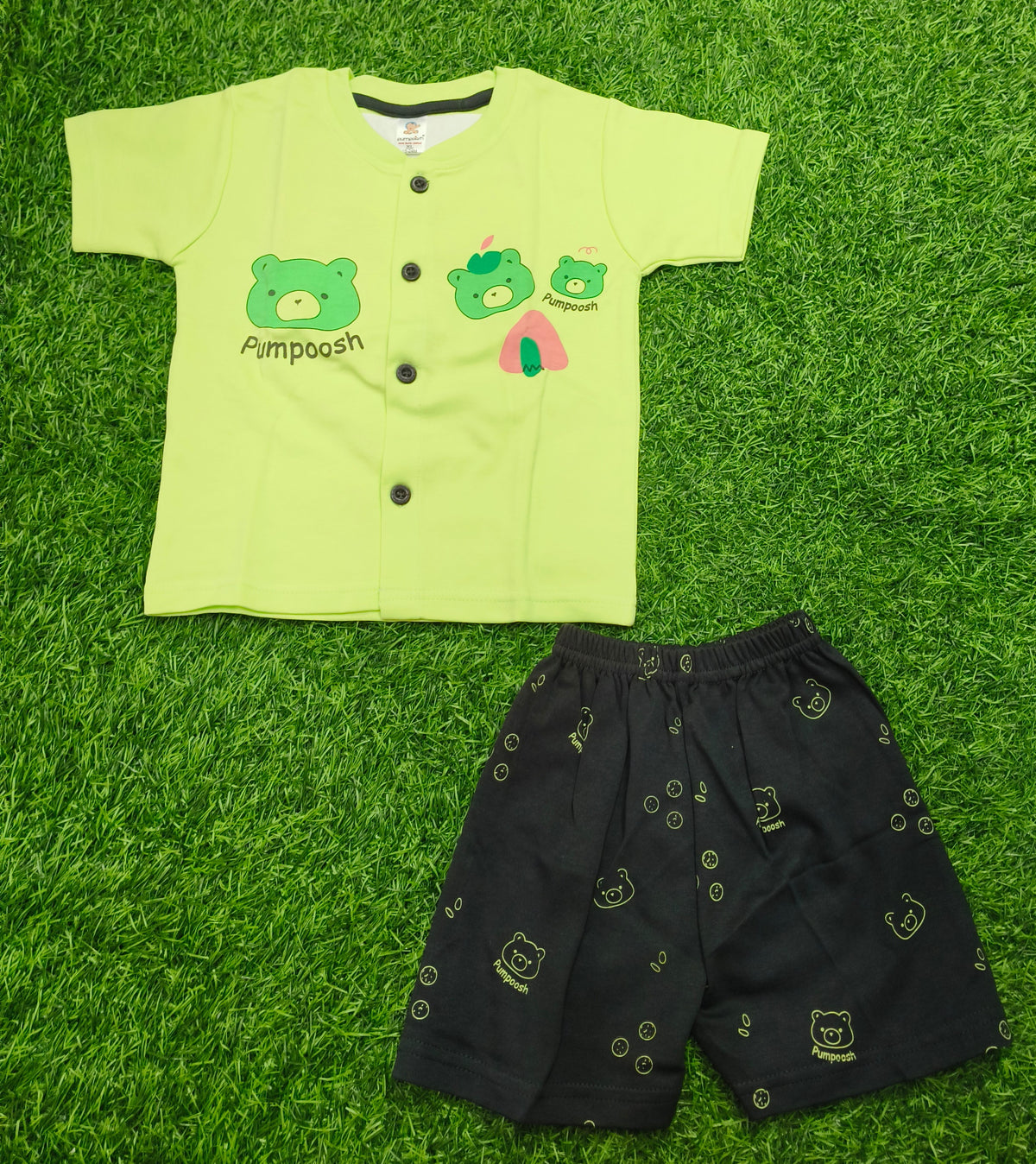 Toddler Boy's Neon Green"Pumpoosh" Bear Graphic T-Shirt and Printed Short Set