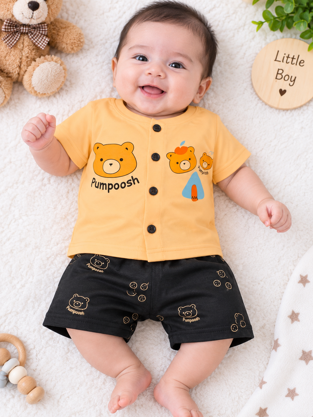 Toddler Boy's " Peach Orange Pumpoosh" Bear Graphic T-Shirt and Printed Short Set