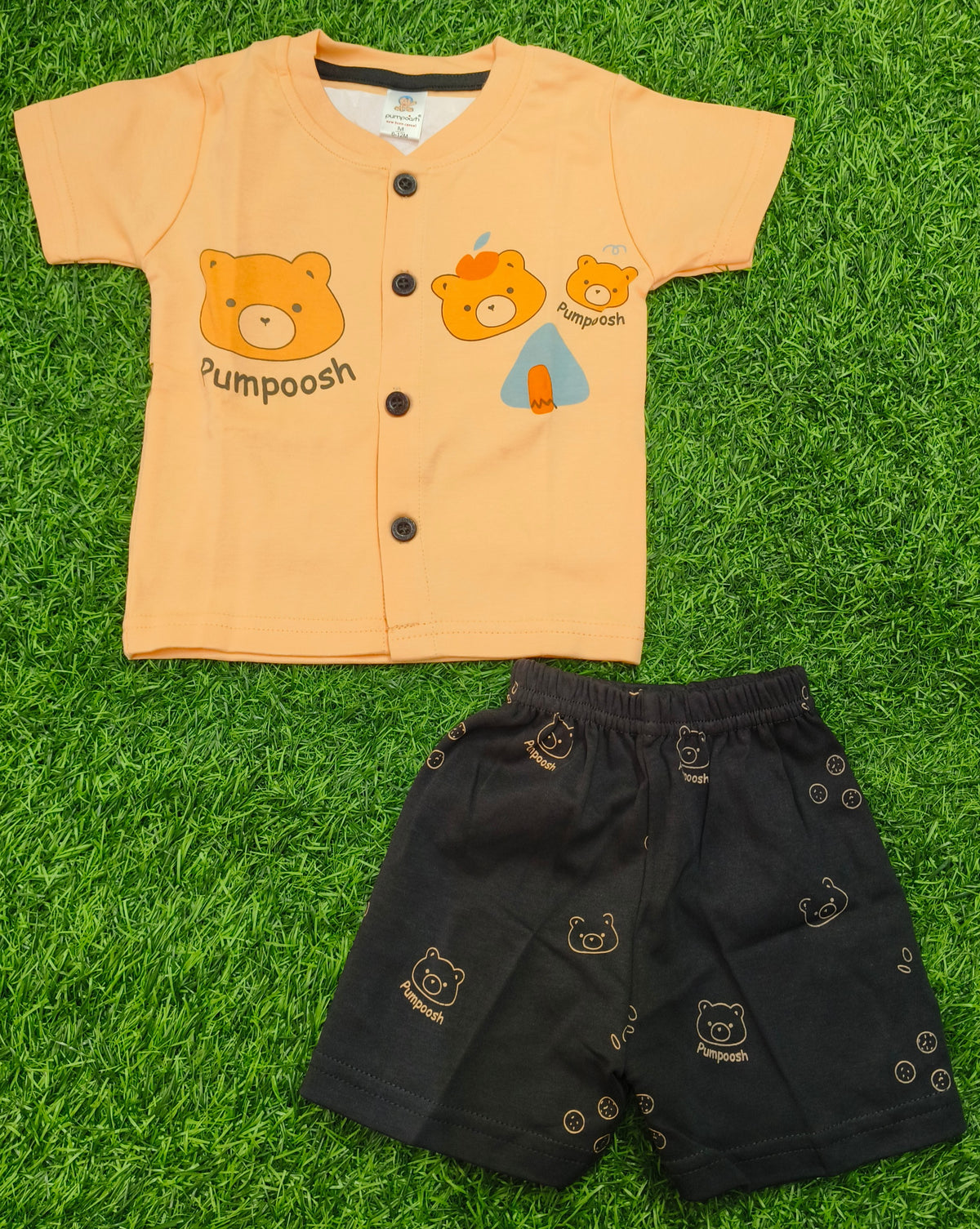 Toddler Boy's " Peach Orange Pumpoosh" Bear Graphic T-Shirt and Printed Short Set