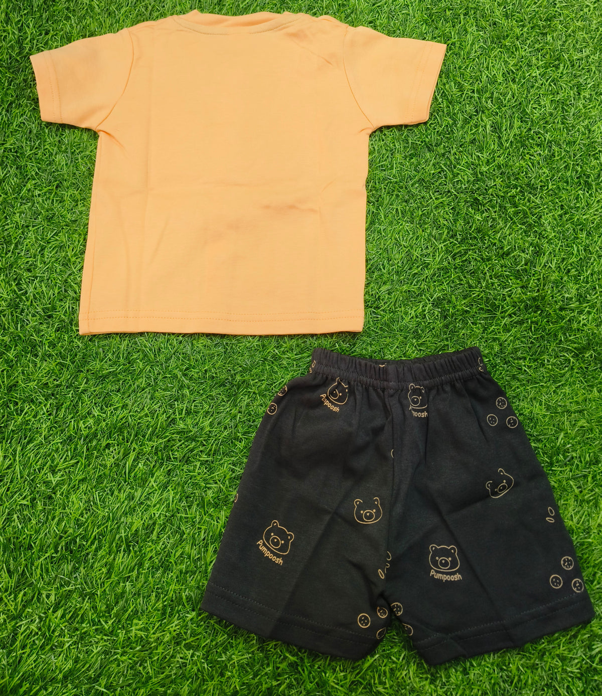 Toddler Boy's " Peach Orange Pumpoosh" Bear Graphic T-Shirt and Printed Short Set