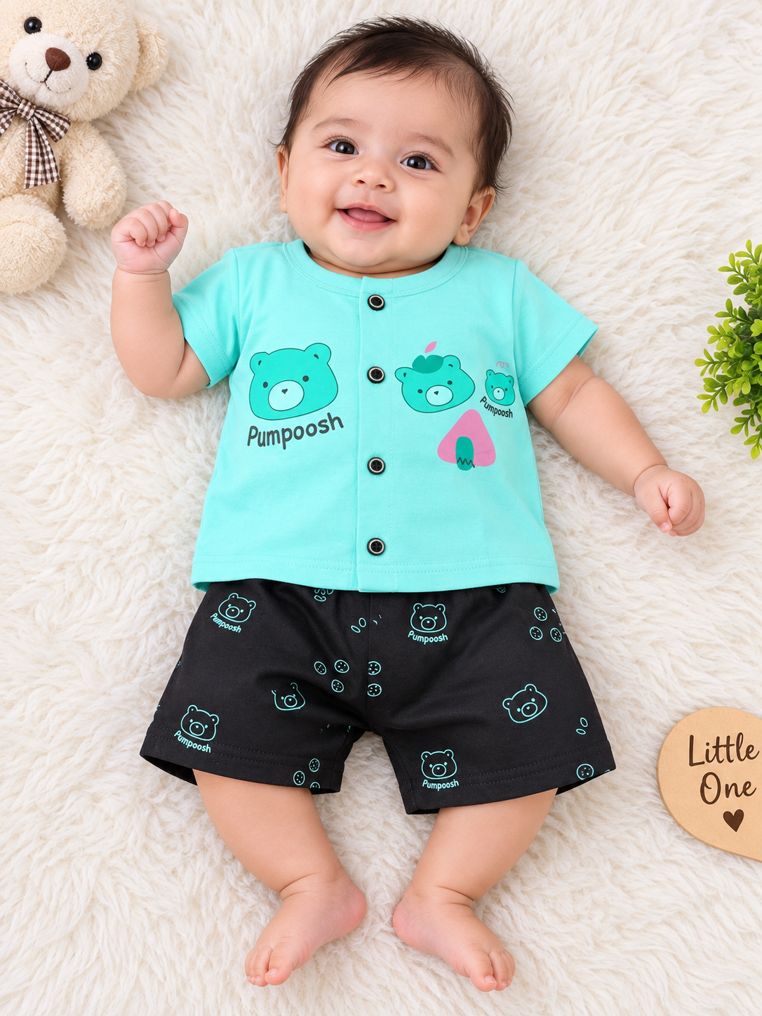 Toddler Boy's Mint Green "Pumpoosh" Bear Graphic T-Shirt and Printed Short Set