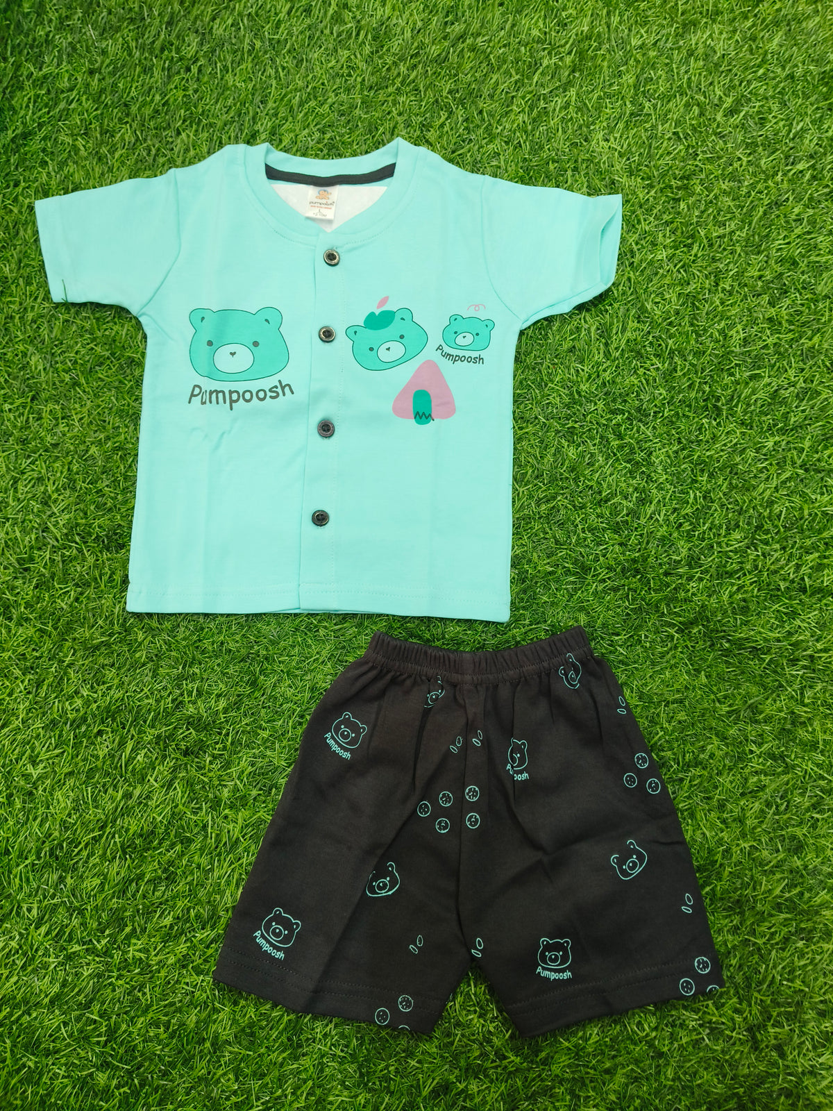 Toddler Boy's Mint Green "Pumpoosh" Bear Graphic T-Shirt and Printed Short Set