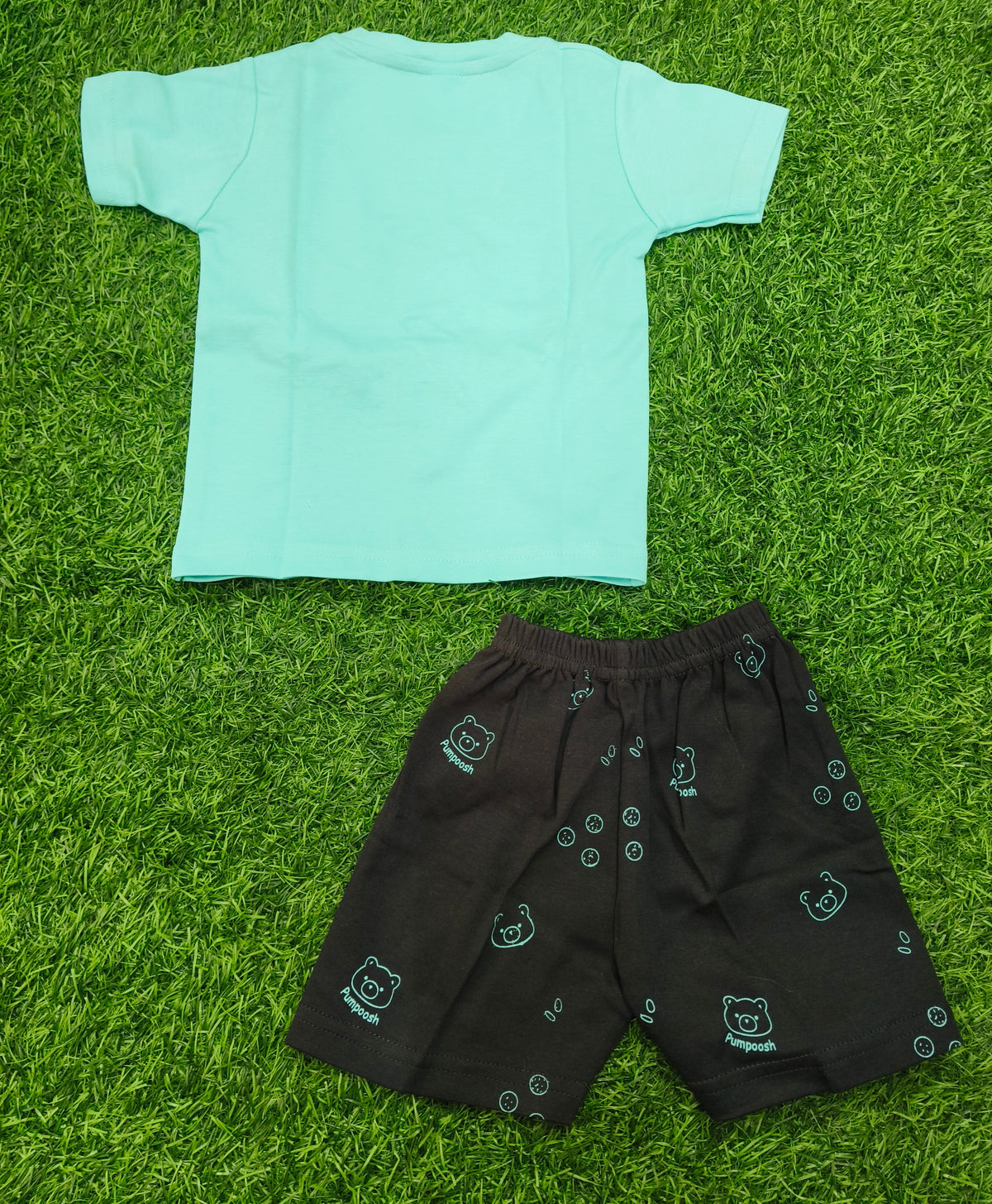 Toddler Boy's Mint Green "Pumpoosh" Bear Graphic T-Shirt and Printed Short Set