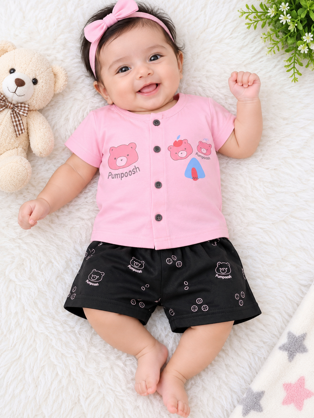Toddler Boy's Baby Pink "Pumpoosh" Bear Graphic T-Shirt and Printed Short Set
