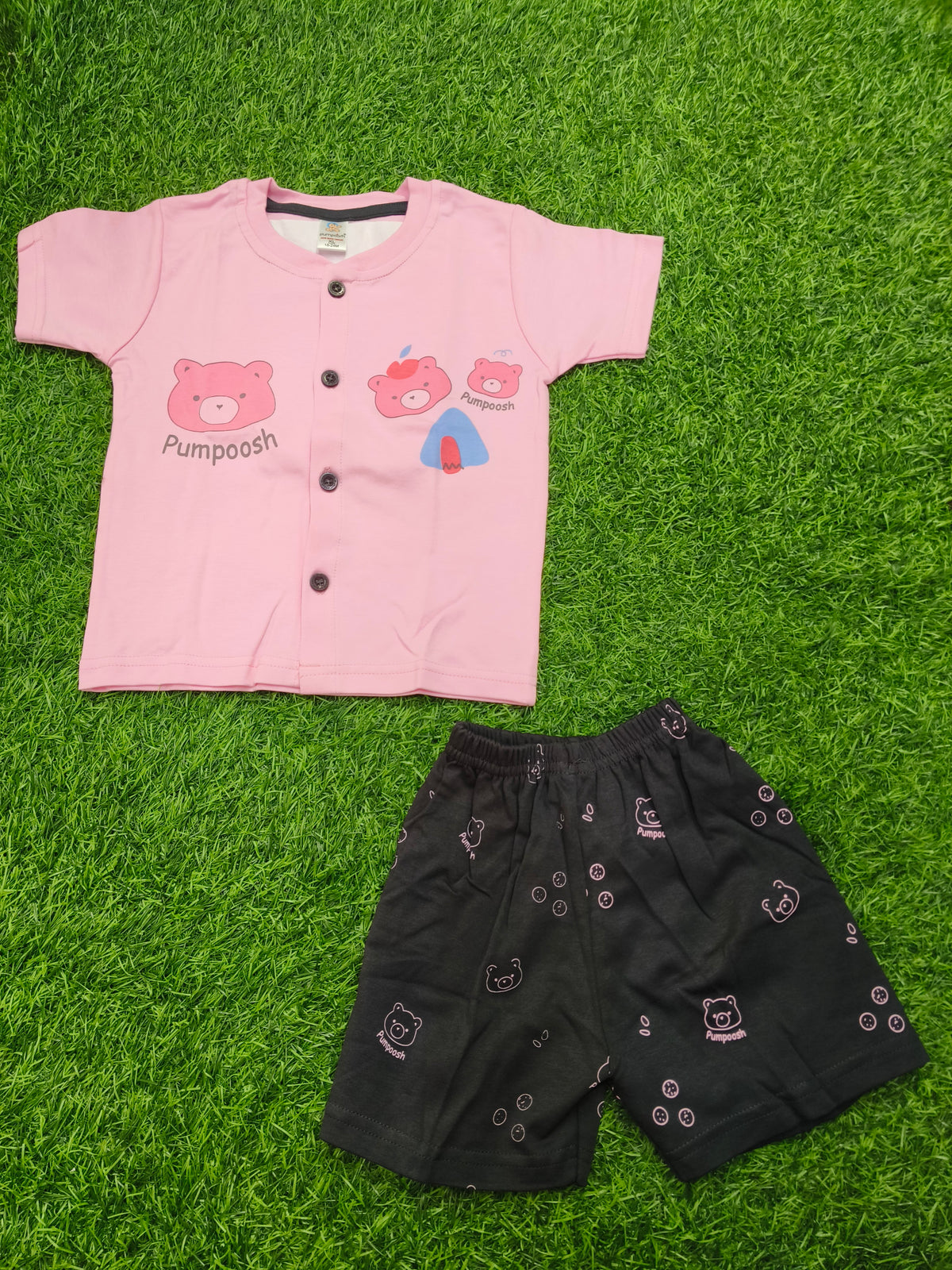 Toddler Boy's Baby Pink "Pumpoosh" Bear Graphic T-Shirt and Printed Short Set