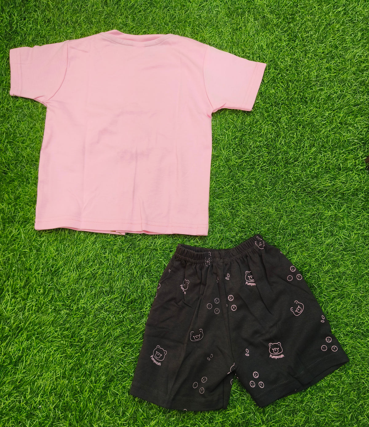 Toddler Boy's Baby Pink "Pumpoosh" Bear Graphic T-Shirt and Printed Short Set