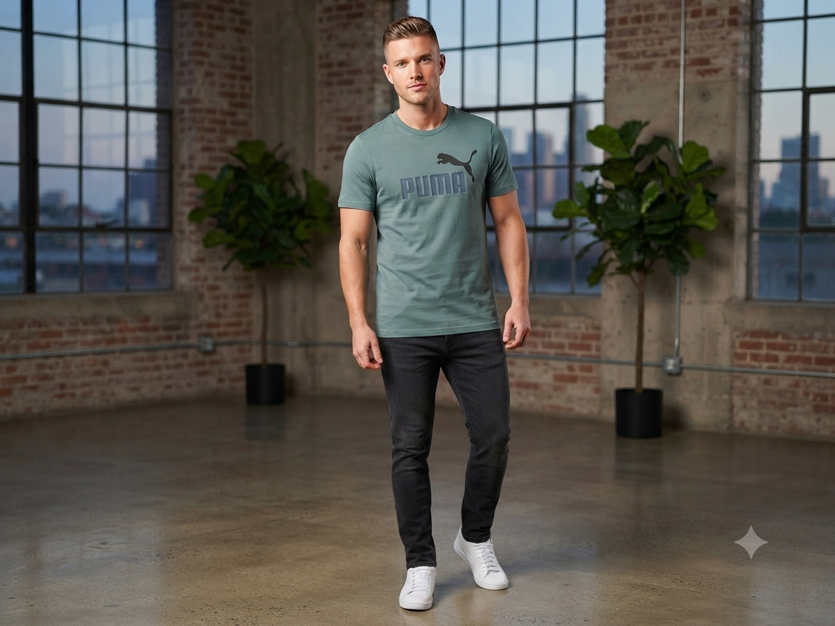 PUMA Men’s Dark Teal Green Logo Printed Round Neck T-Shirt