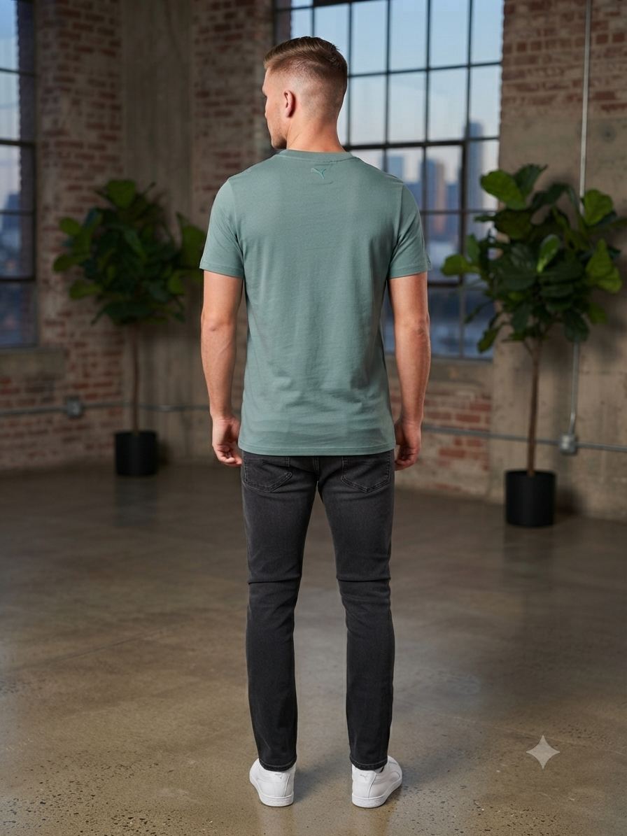 PUMA Men’s Dark Teal Green Logo Printed Round Neck T-Shirt