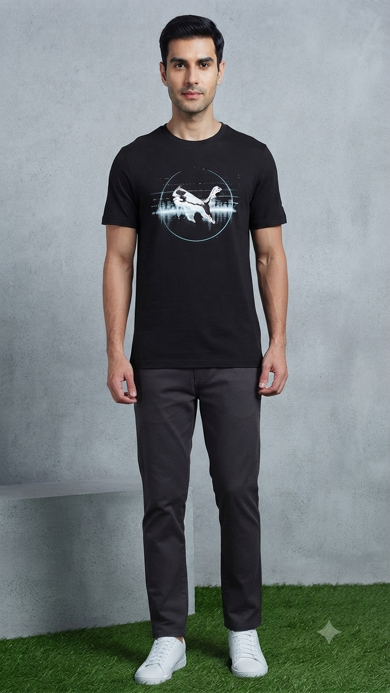 PUMA Men’s Black Cat Logo Graphic Printed Round Neck T-Shirt