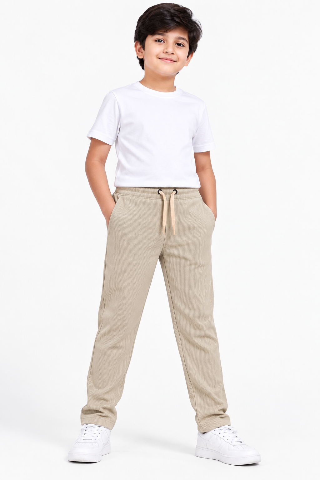 Boys Beige Rib Fabric Track Pant