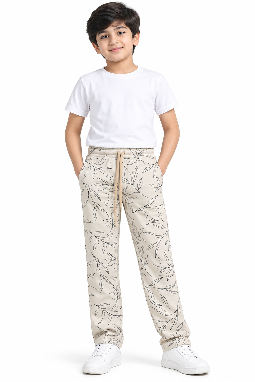 Boys Beige Leaf Print Hosiery Track Pant