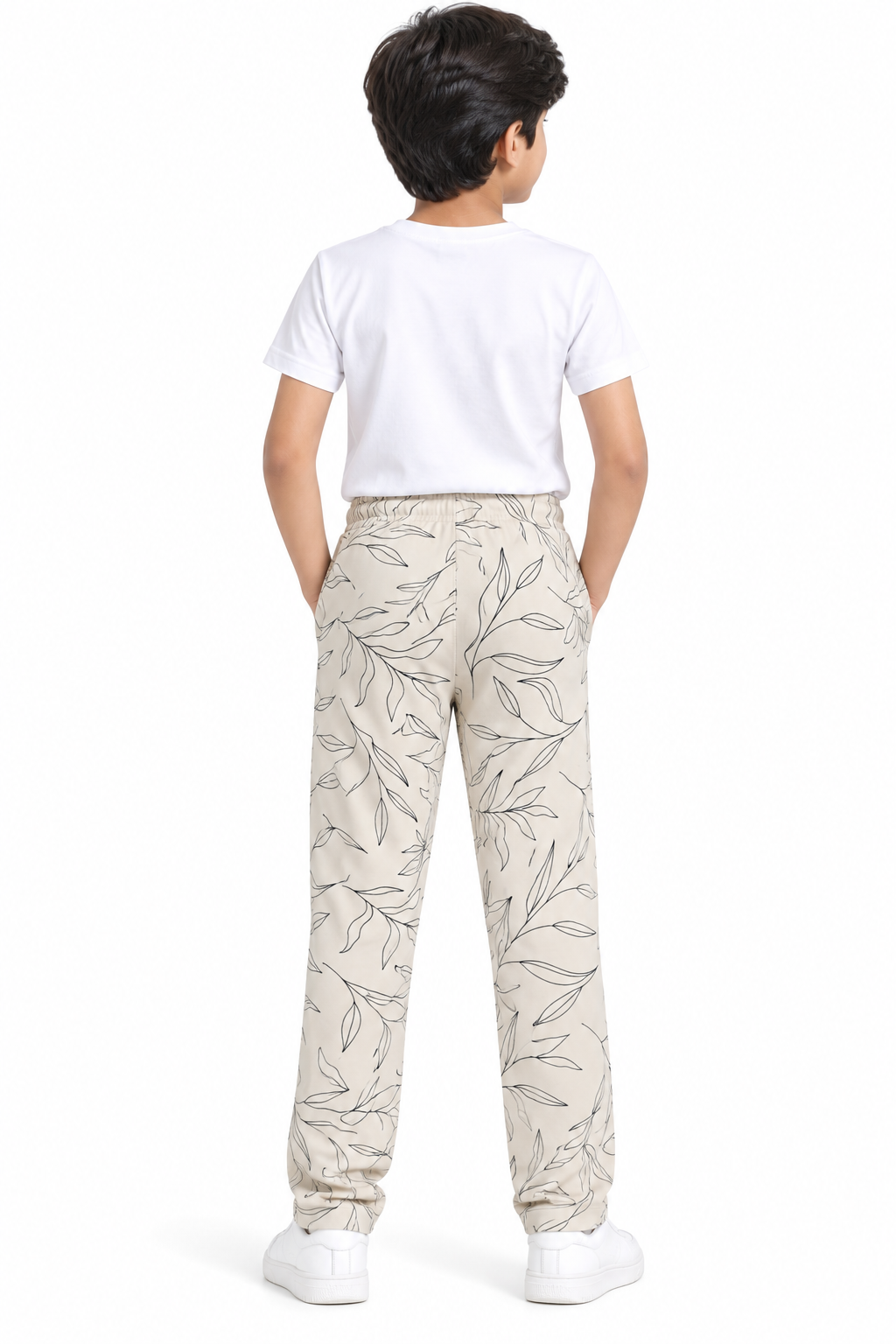 Boys Beige Leaf Print Hosiery Track Pant