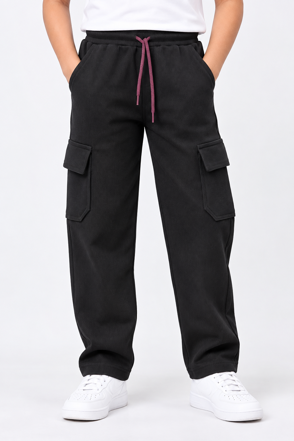 Boys Black Rib Fabric Cargo Track Pant