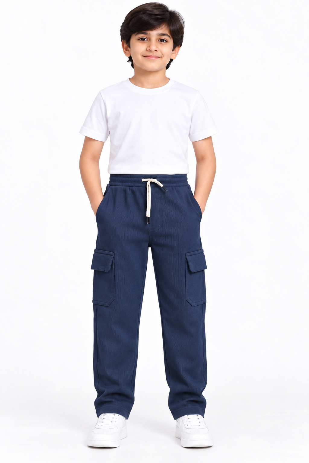 Boys Navy Blue Rib Fabric Cargo Track Pant