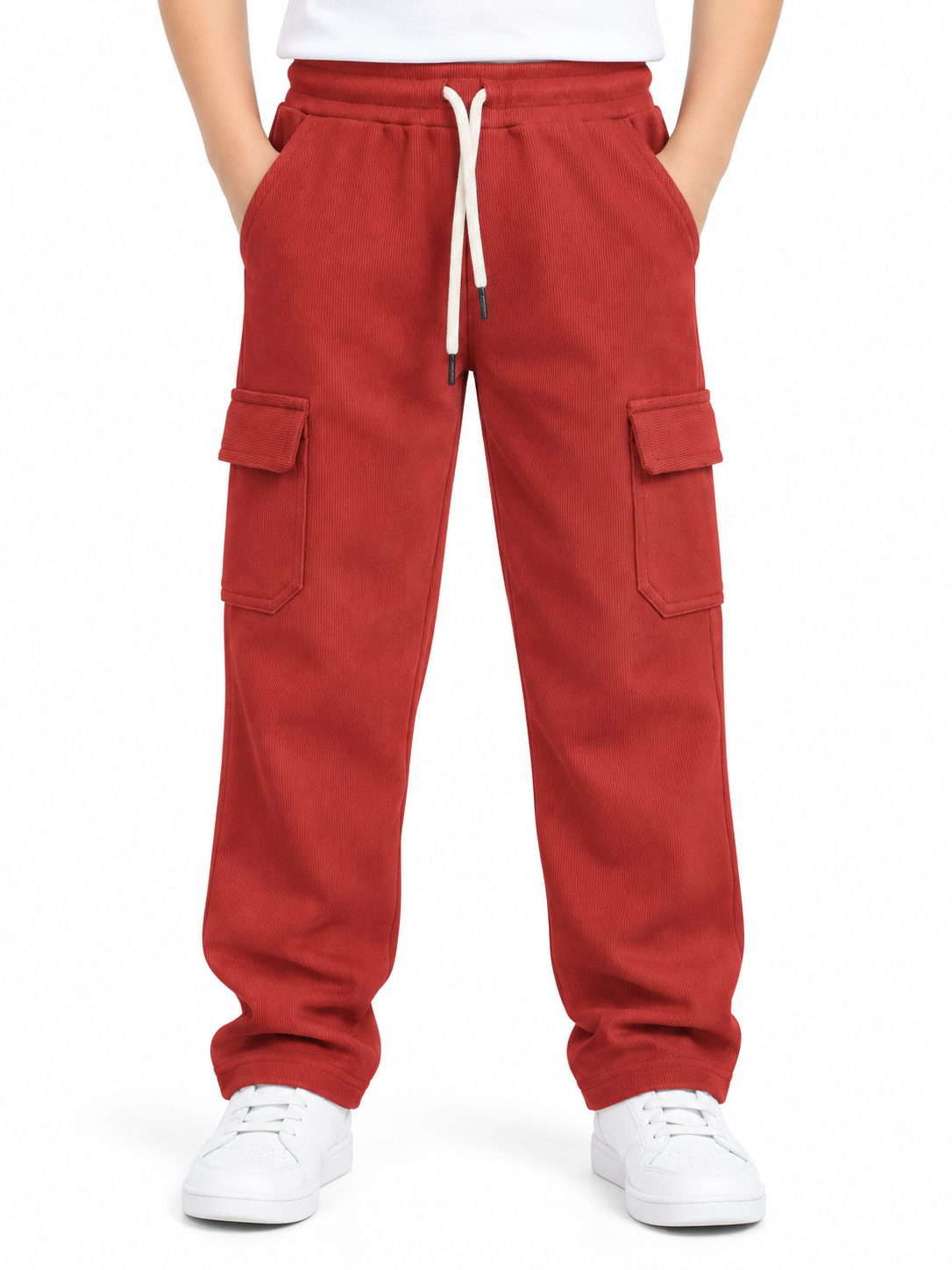 Boys Brick Red Rib Fabric Cargo Track Pant