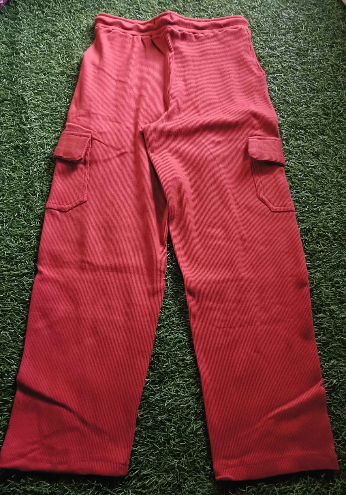 Boys Brick Red Rib Fabric Cargo Track Pant