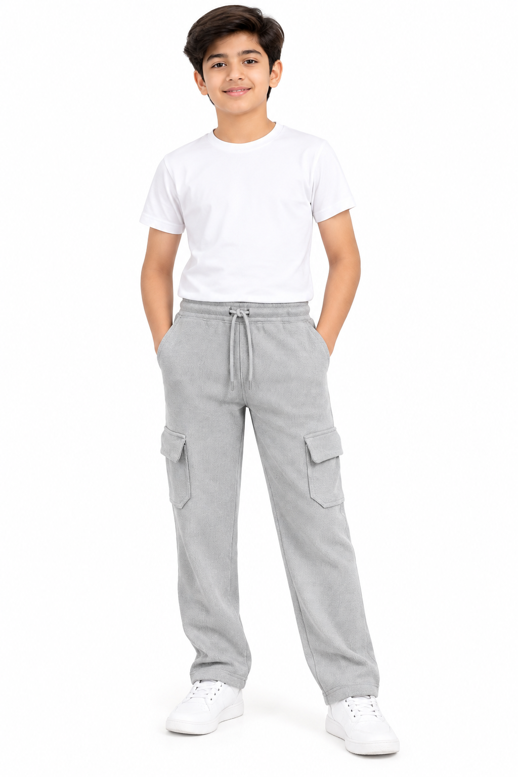 Boys Light Grey Rib Fabric Cargo Track Pant