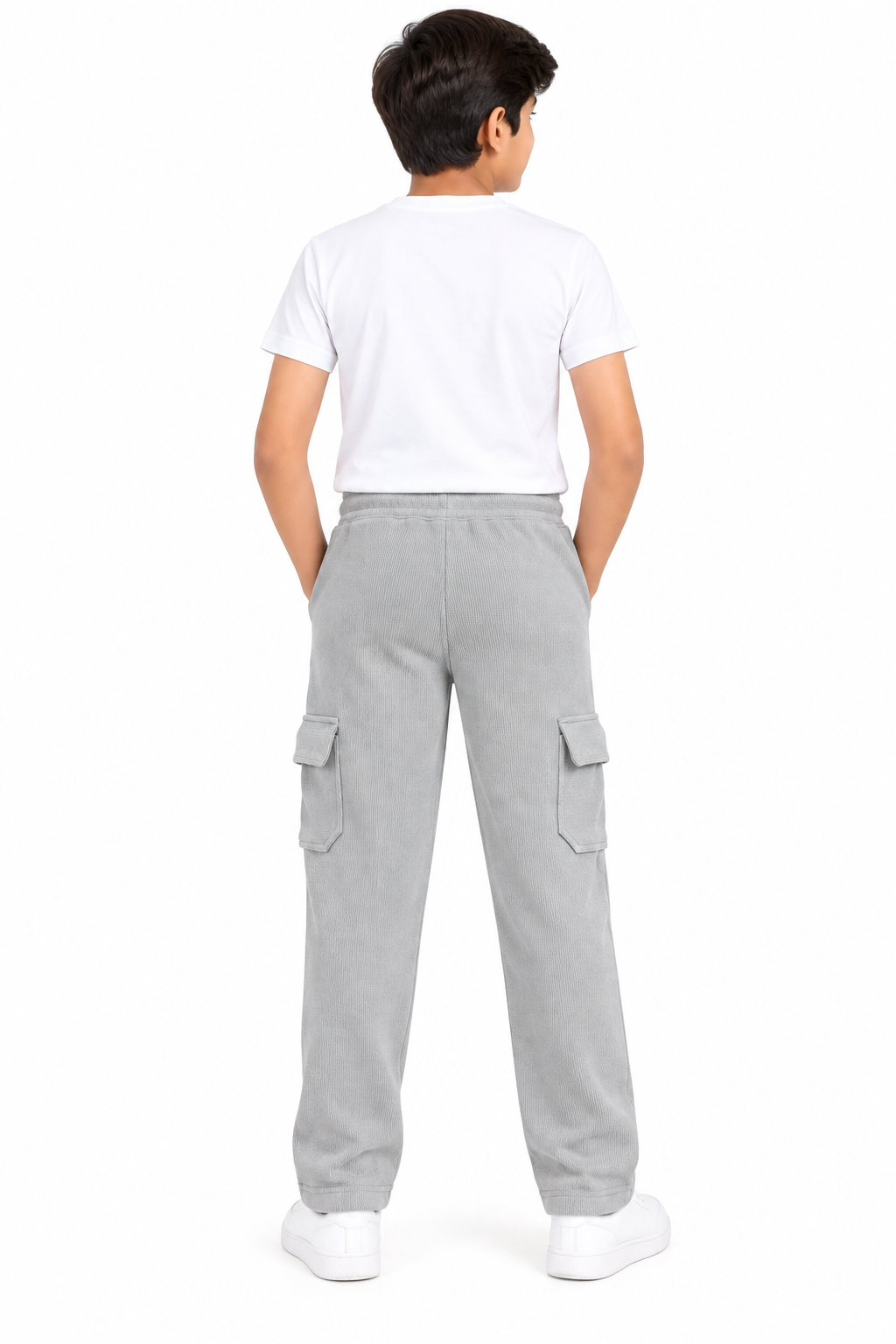 Boys Light Grey Rib Fabric Cargo Track Pant