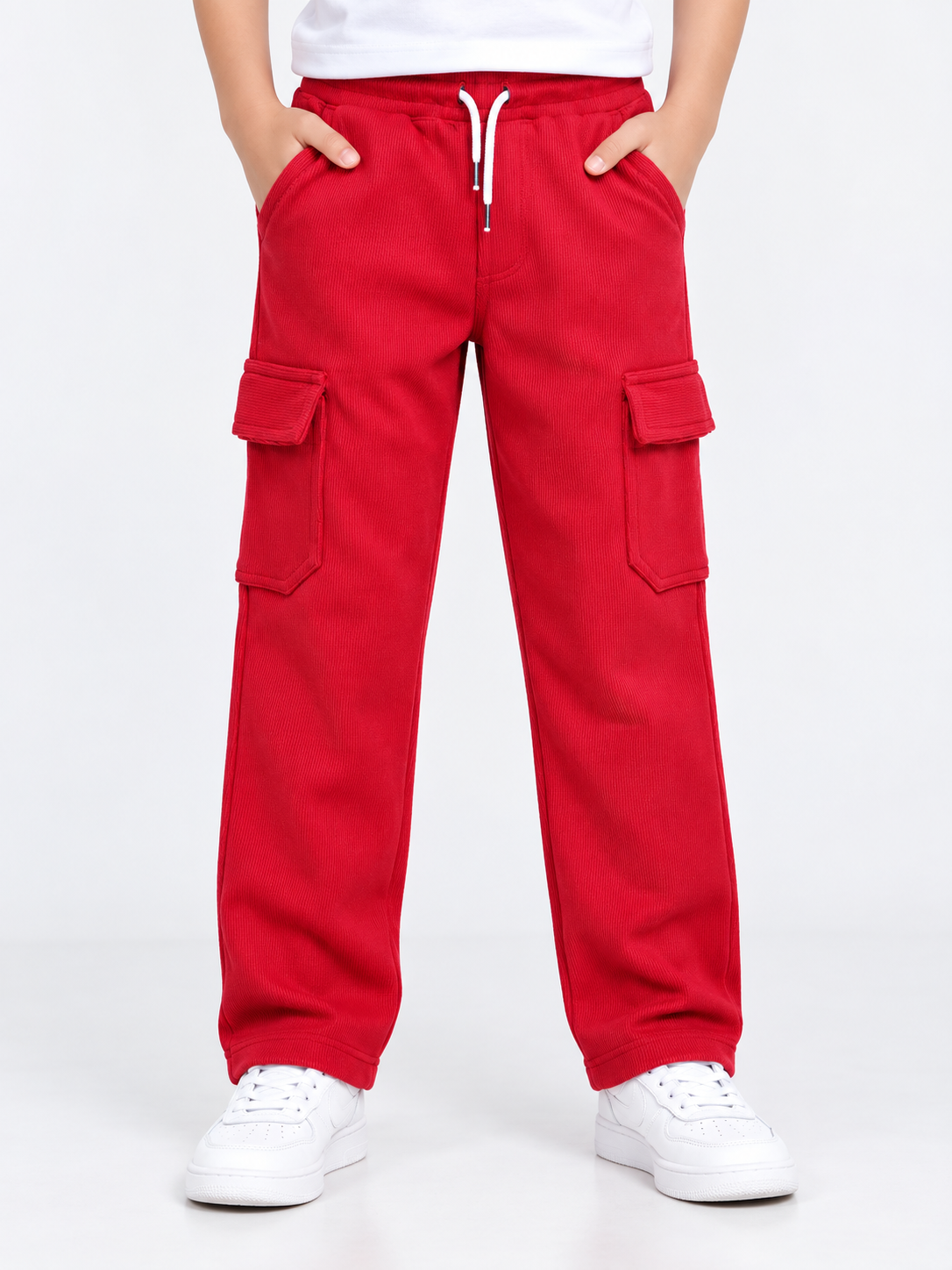 Boys Red Rib Fabric Cargo Track Pant