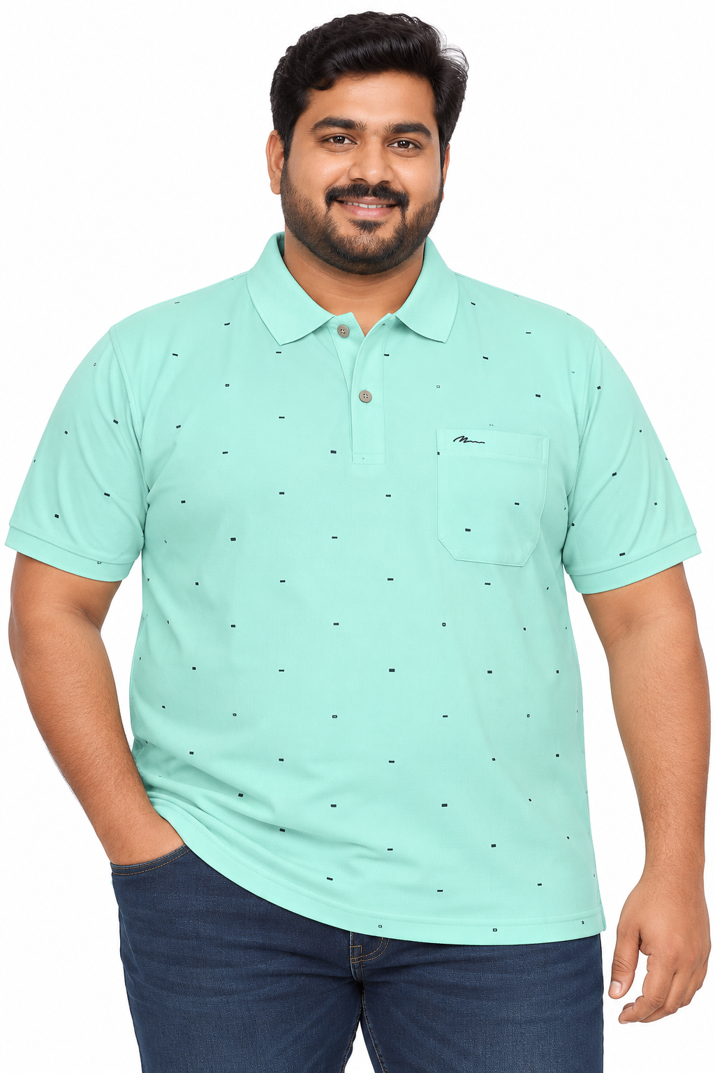 Men’s Mint Green Printed Knitted Cotton Polo T-Shirt