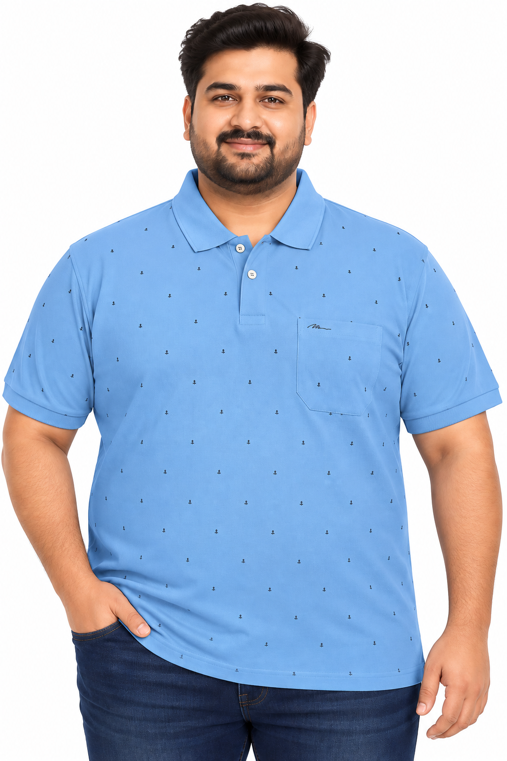 Men’s Steel Blue Printed Knitted Cotton Polo T-Shirt