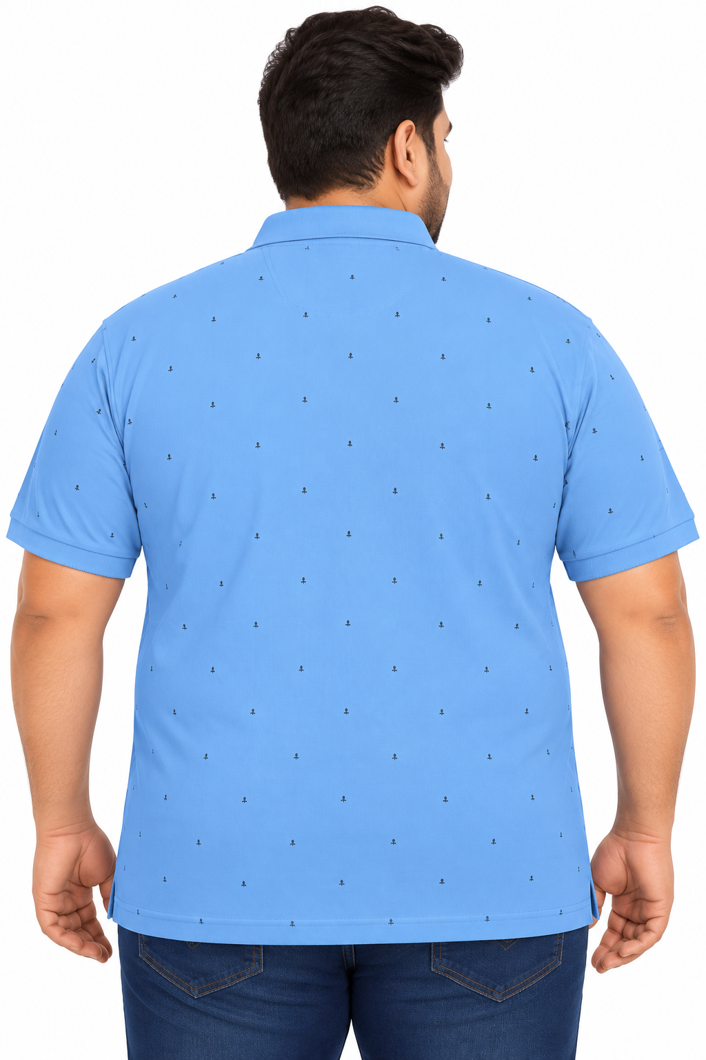Men’s Steel Blue Printed Knitted Cotton Polo T-Shirt
