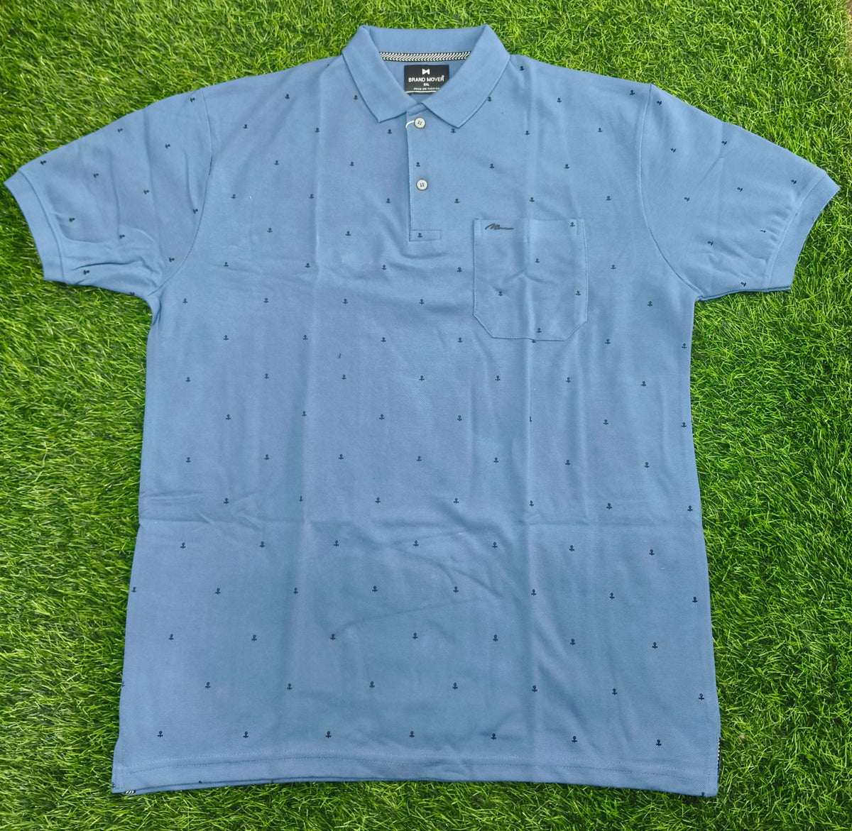 Men’s Steel Blue Printed Knitted Cotton Polo T-Shirt