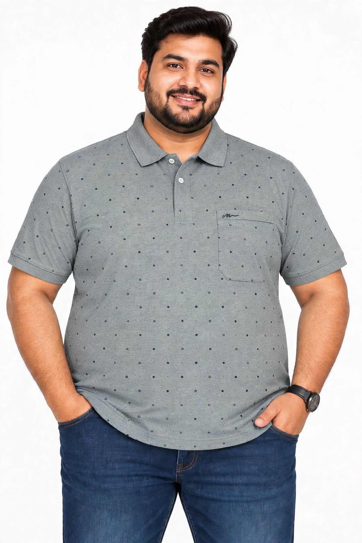 Men’s Grey Printed Knitted Cotton Polo T-Shirt