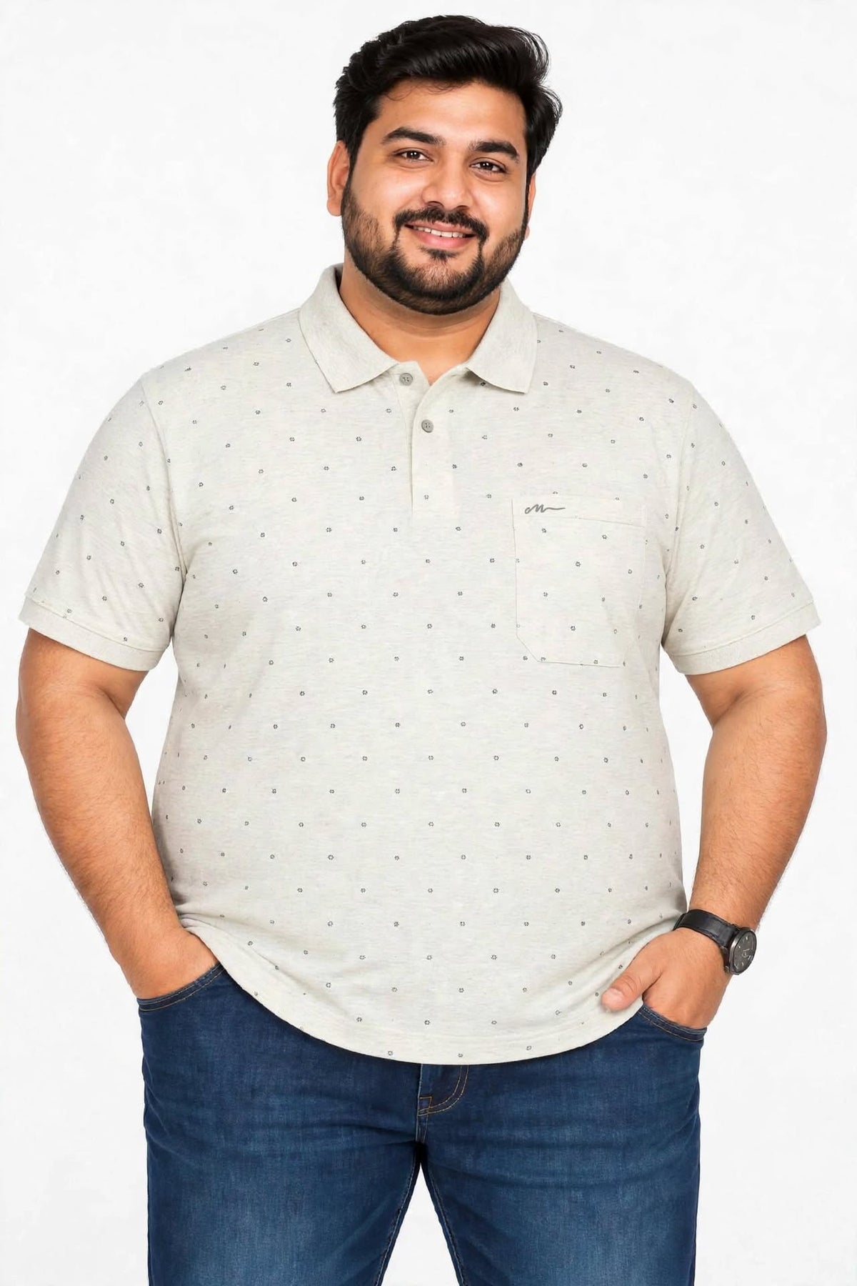 Men’s Light Grey Printed Knitted Cotton Polo T-Shirt