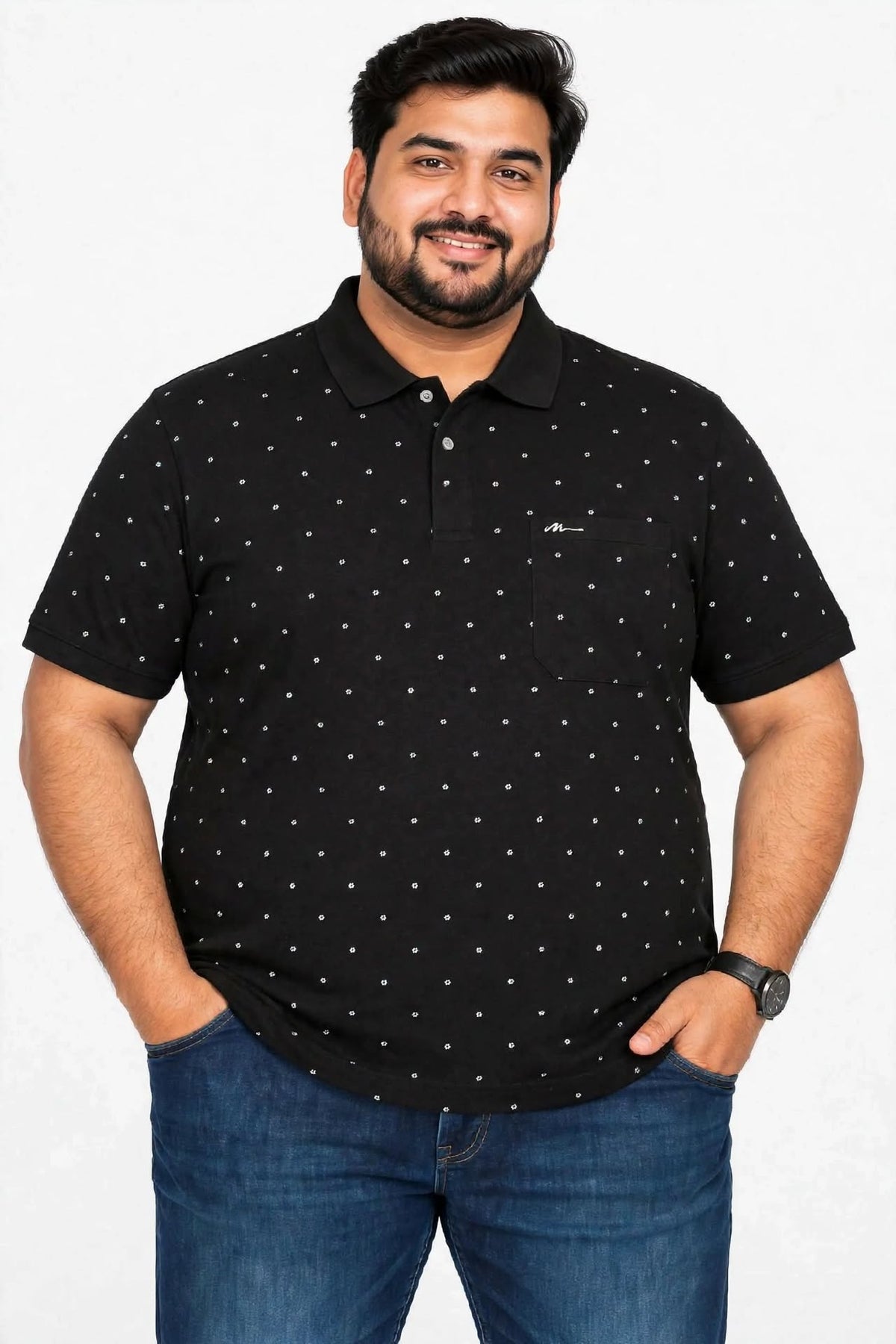 Men’s Black Printed Knitted Cotton Polo T-Shirt